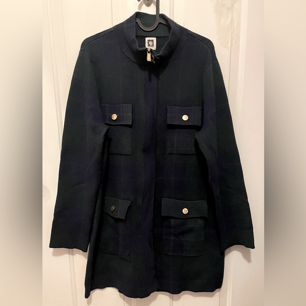 New Anne Klein Plaid Tartan Zip Cardigan Sz L